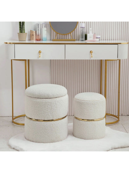Set of 2 Round Sherpa Storage Ottomans – Plush Modern Footrest & Vanity Stool for Living Room or Bedroom