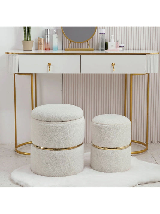 Set of 2 Round Sherpa Storage Ottomans – Plush Modern Footrest & Vanity Stool for Living Room or Bedroom