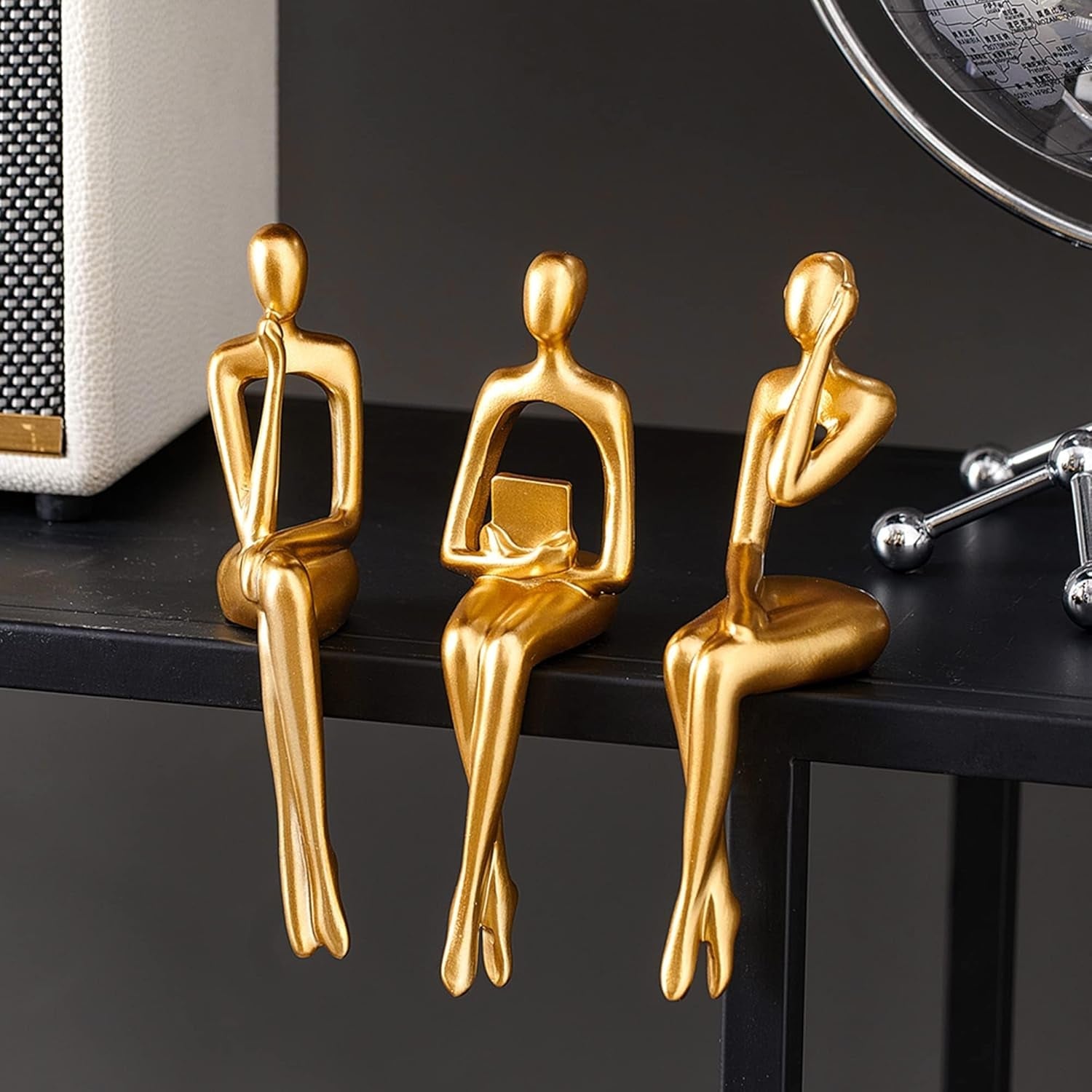 Gold Statue Home Decor - Modern Bookshelf & Desk Decor - 3 Piece Set