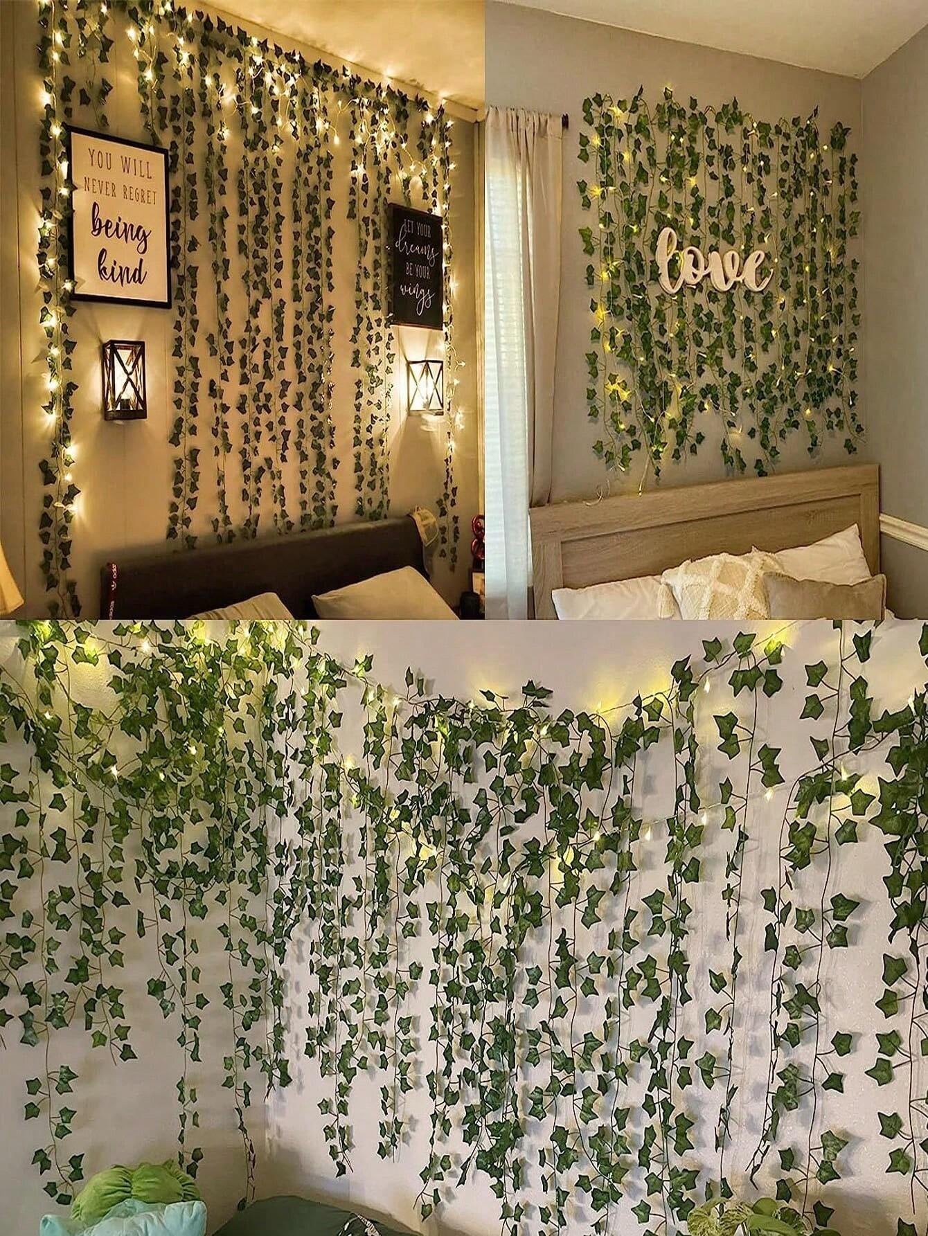 12Pcs Artificial Vine with LED String Lights – Green Leaf Fairy Vines for Bedroom, Garden, Party & Holiday Décor
