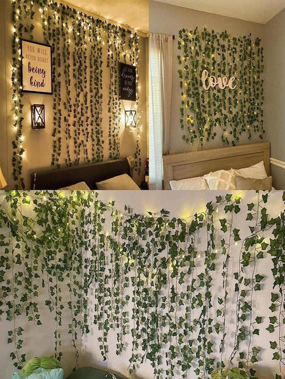 12Pcs Artificial Vine with LED String Lights – Green Leaf Fairy Vines for Bedroom, Garden, Party & Holiday Décor