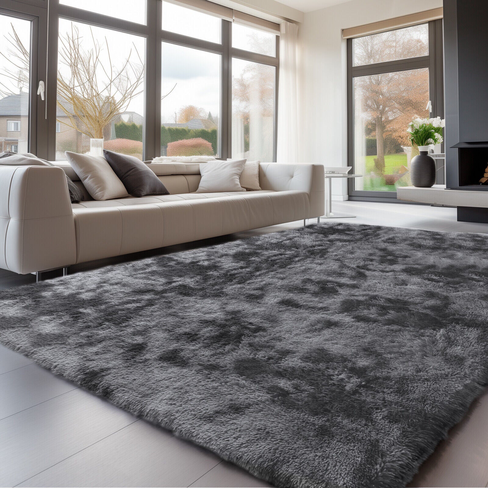 Large Grey Shaggy Area Rug – Ultra-Soft Fluffy Carpet with Non-Slip Bottom for Living Room & Bedroom