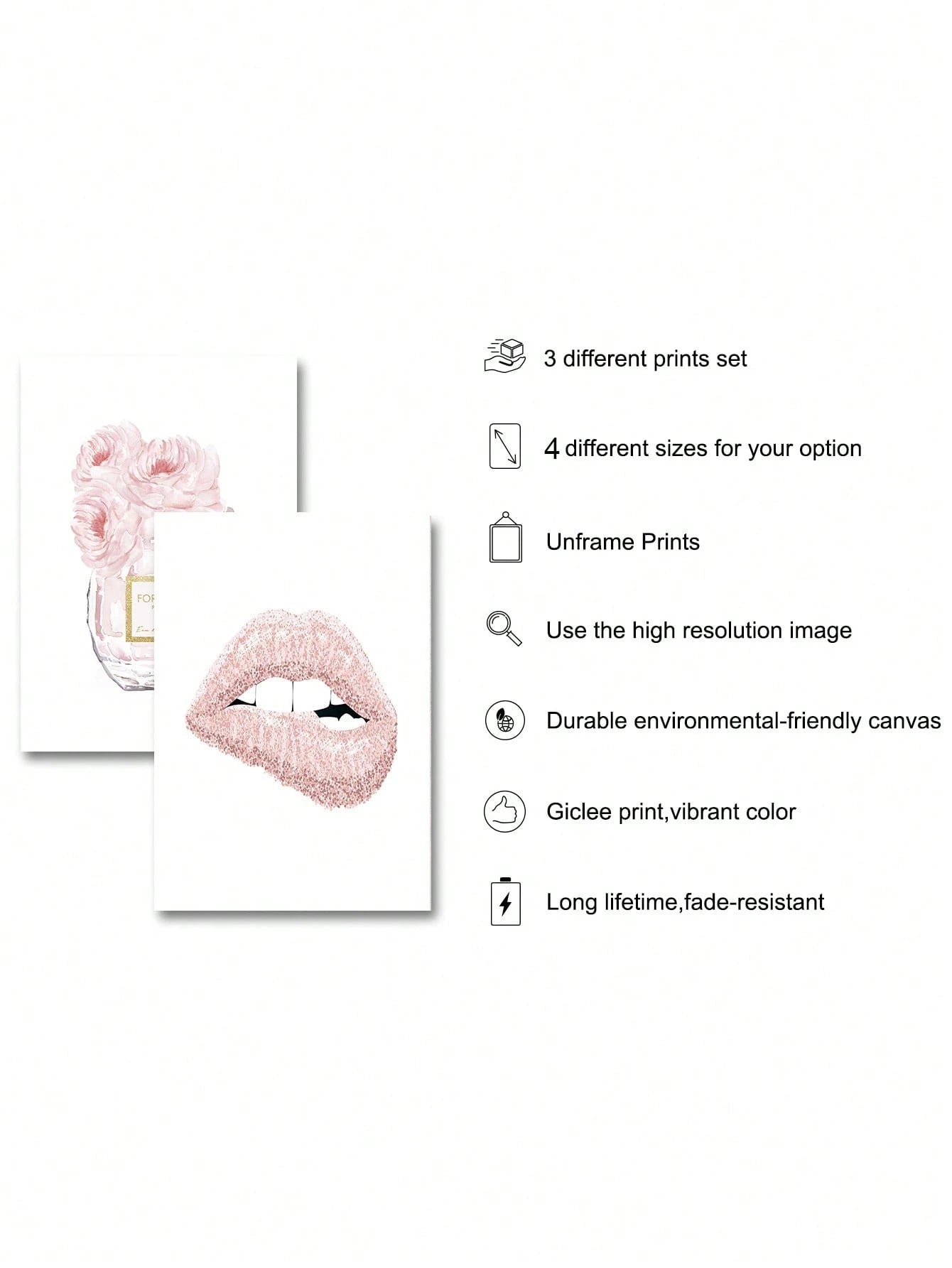 3Pcs Pink Lips & Floral Perfume Canvas Art Set – Fashion Wall Prints for Girls' Rooms, Salons, & Modern Spaces