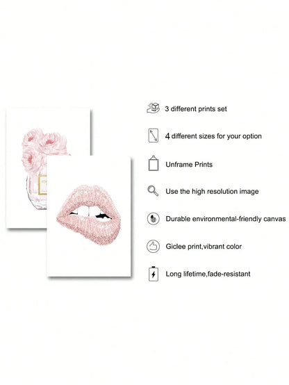 3Pcs Pink Lips & Floral Perfume Canvas Art Set – Fashion Wall Prints for Girls' Rooms, Salons, & Modern Spaces