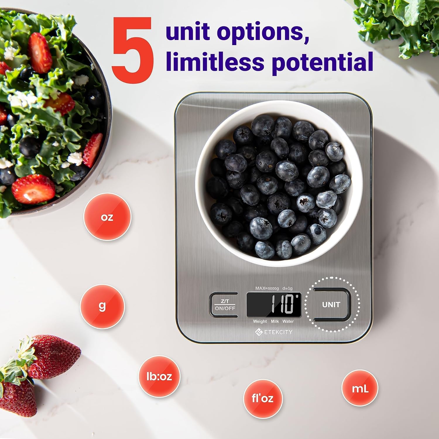 Digital Food Kitchen Scale – Stainless Steel with LCD Display, 5-Unit Modes, Tare Function & Batteries Included (11lb Capacity)