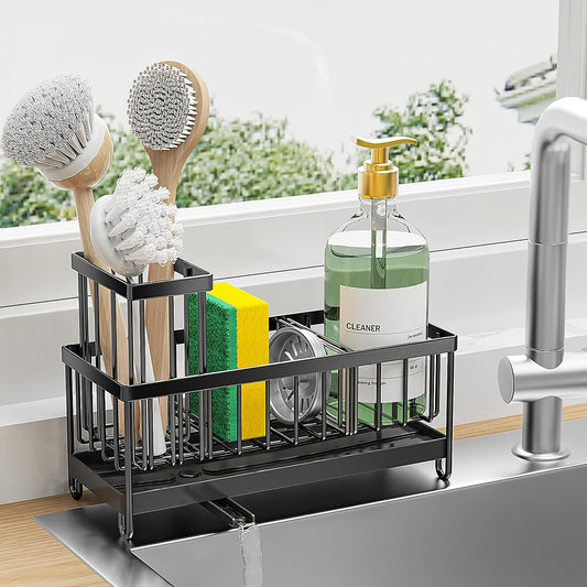 Black Stainless Steel Kitchen Sink Caddy – Rotatable Spout Sponge Holder with Brush Organizer & Soap Storage