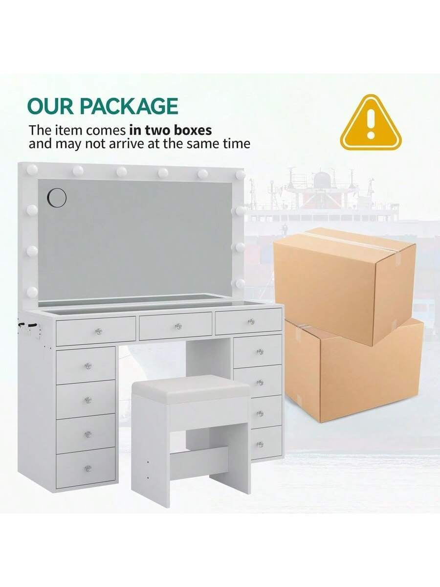 Vanity Desk with Power Outlet – White Makeup Vanity Set with Mirror, 12 LED Lights, 11 Drawers & Chair