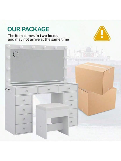 Vanity Desk with Power Outlet – White Makeup Vanity Set with Mirror, 12 LED Lights, 11 Drawers & Chair