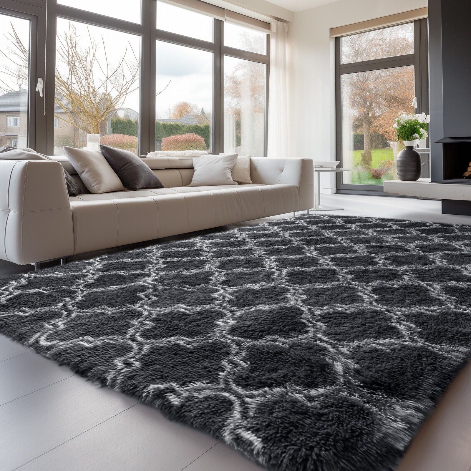 Large Grey Shaggy Area Rug – Ultra-Soft Fluffy Carpet with Non-Slip Bottom for Living Room & Bedroom