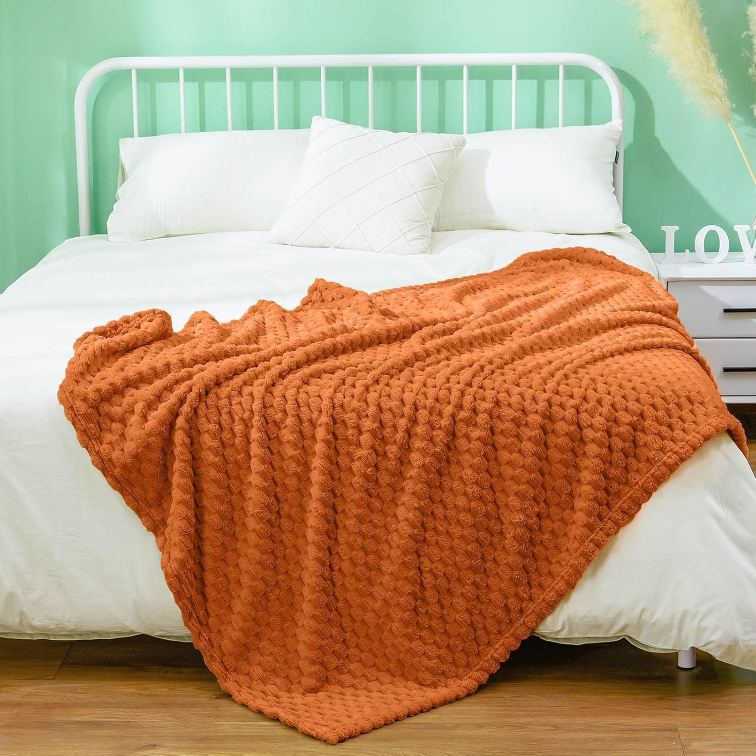 Flannel Fleece Throw Blanket(50X70 Inches), Big 3D Clouds Stylish Hexagon Jacquard Decorative Fuzzy Blankets for Household, Camping, and Travel, Super Soft Cozy, Burnt Orange