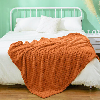 Flannel Fleece Throw Blanket(50X70 Inches), Big 3D Clouds Stylish Hexagon Jacquard Decorative Fuzzy Blankets for Household, Camping, and Travel, Super Soft Cozy, Burnt Orange