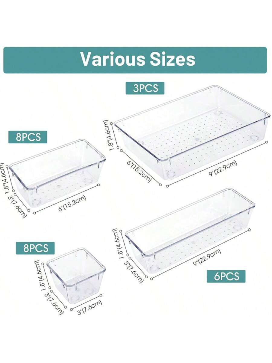 25-Piece Clear Multifunctional Drawer Organizer Box Set – 4 Sizes for Bathroom, Vanity, Kitchen, Office & More