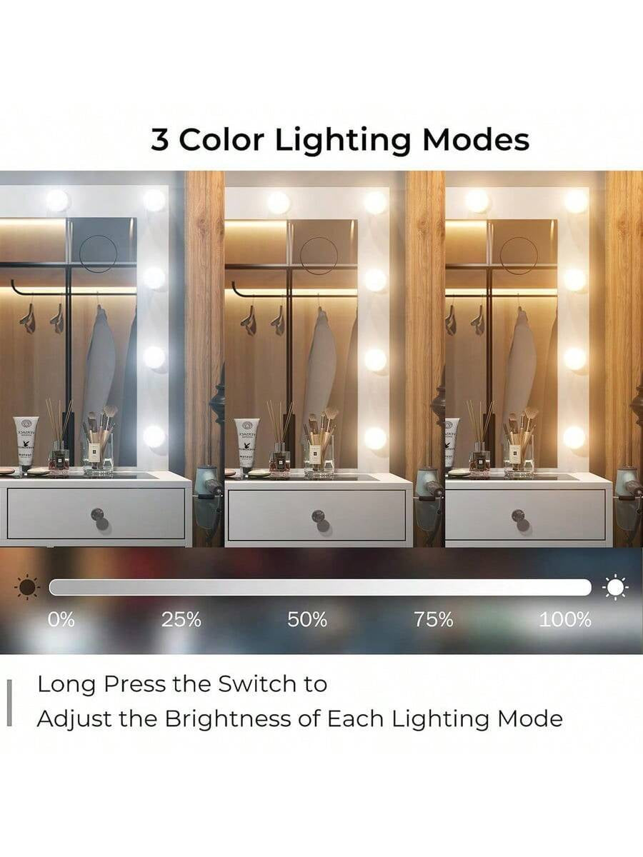 Vanity Desk with Power Outlet – White Makeup Vanity Set with Mirror, 12 LED Lights, 11 Drawers & Chair
