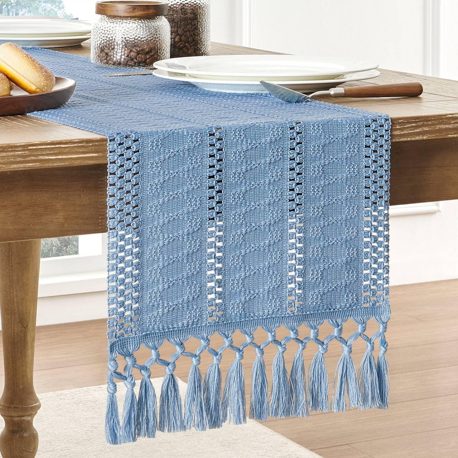 Macrame Style Boho Table Runner – Burnt Ochre (12x48”), Farmhouse Woven Fall Decor with Fringed Edges