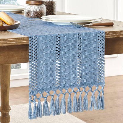 Macrame Style Boho Table Runner – Burnt Ochre (12x48”), Farmhouse Woven Fall Decor with Fringed Edges
