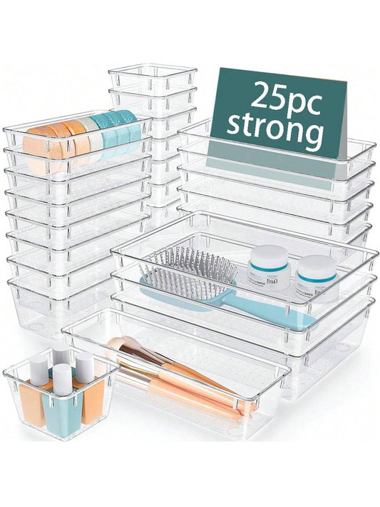 25-Piece Clear Multifunctional Drawer Organizer Box Set – 4 Sizes for Bathroom, Vanity, Kitchen, Office & More