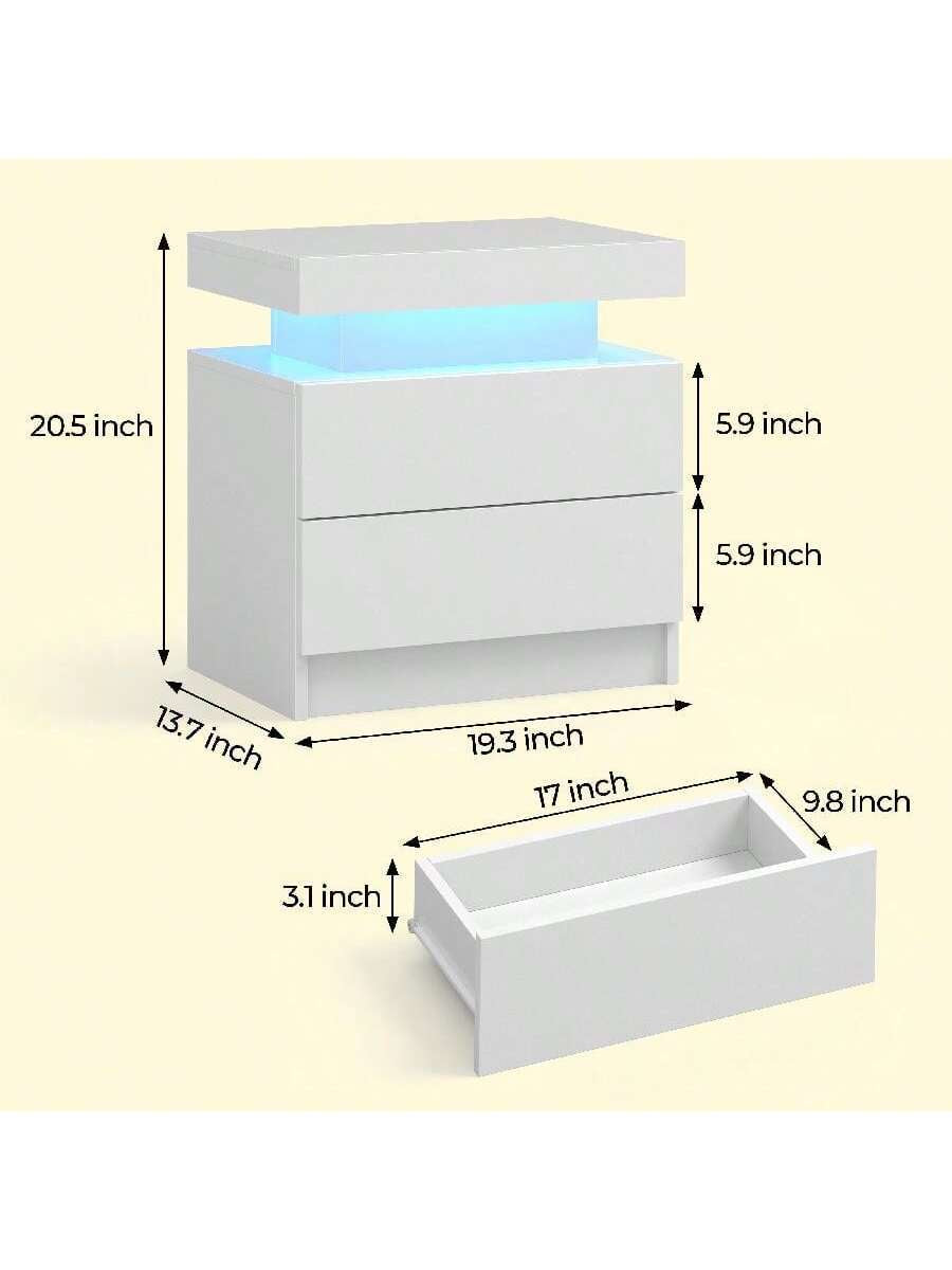 Modern LED Nightstand – White Bedside Table with 2 Wood Drawers for Bedroom or Living Room