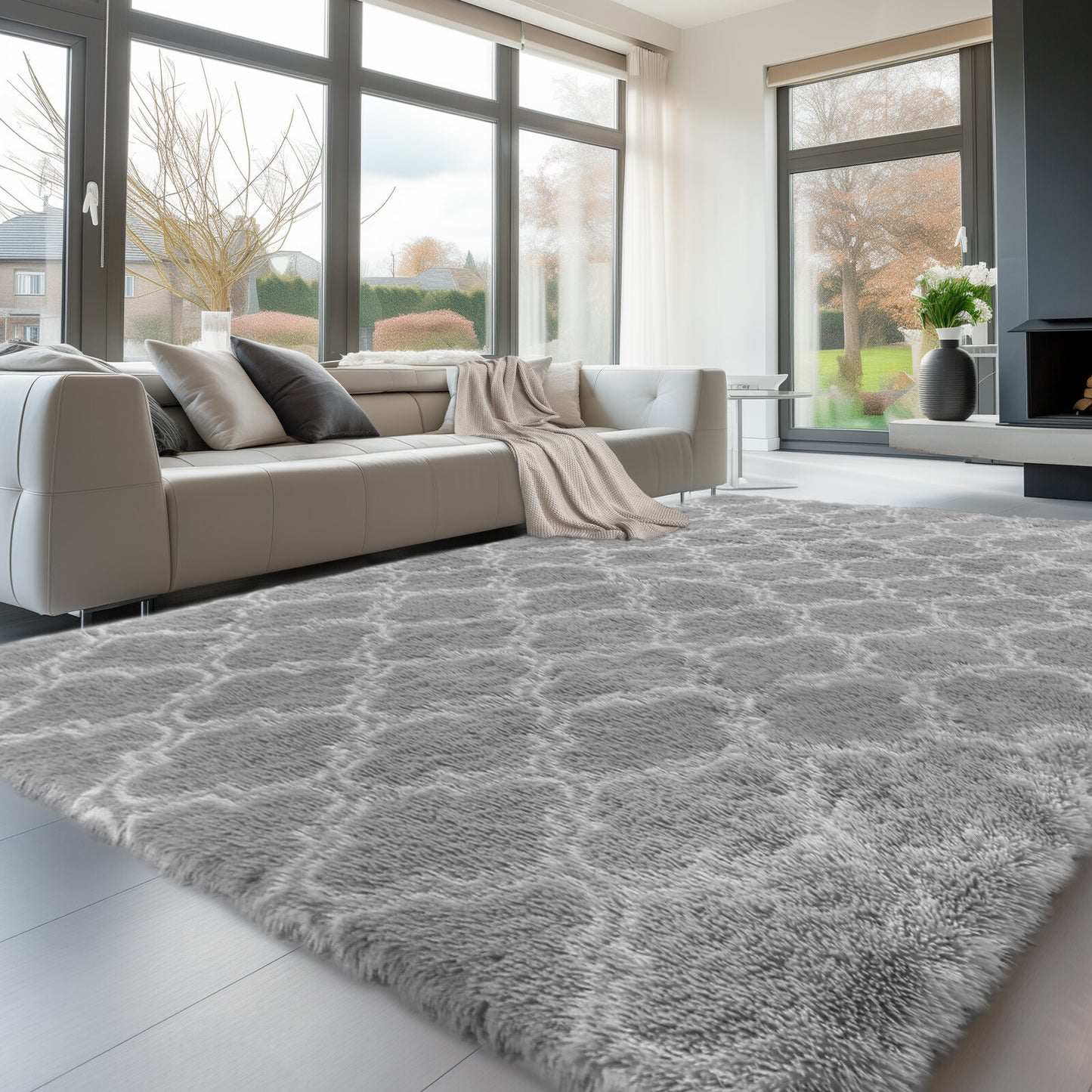 Large Grey Shaggy Area Rug – Ultra-Soft Fluffy Carpet with Non-Slip Bottom for Living Room & Bedroom