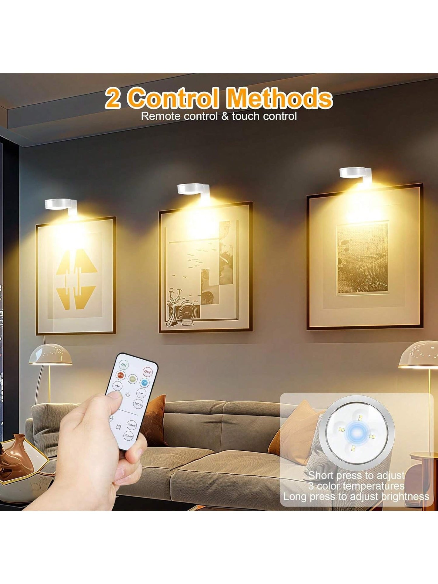 3Pcs Wireless LED Picture Lights – Battery Operated Art Display Lights with Remote, Dimmable & Timer Functions