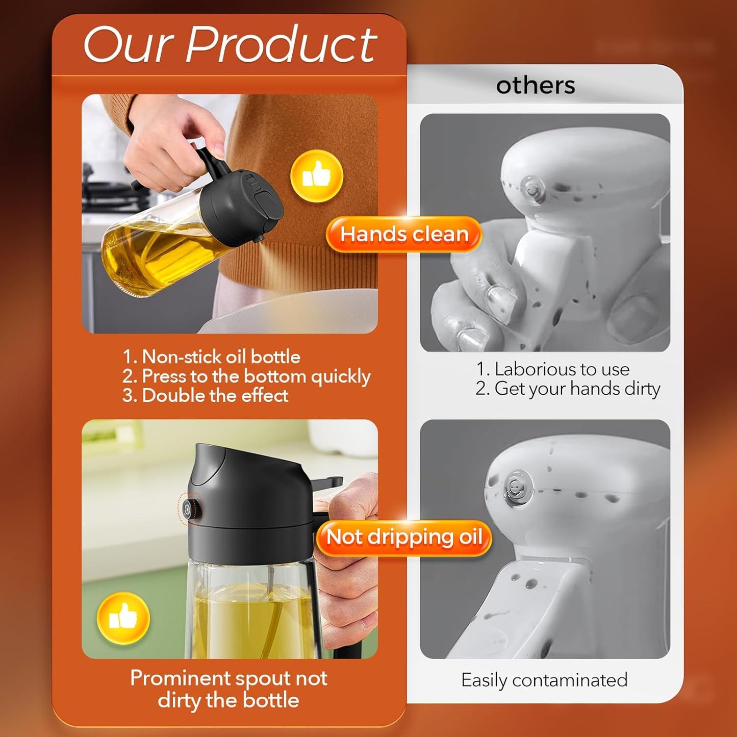 2-in-1 Olive Oil Dispenser & Sprayer – 16oz Glass Bottle for Cooking, Salad, BBQ (Black)