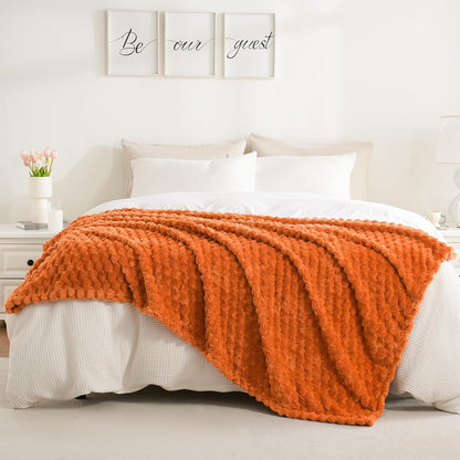 Flannel Fleece Throw Blanket(50X70 Inches), Big 3D Clouds Stylish Hexagon Jacquard Decorative Fuzzy Blankets for Household, Camping, and Travel, Super Soft Cozy, Burnt Orange