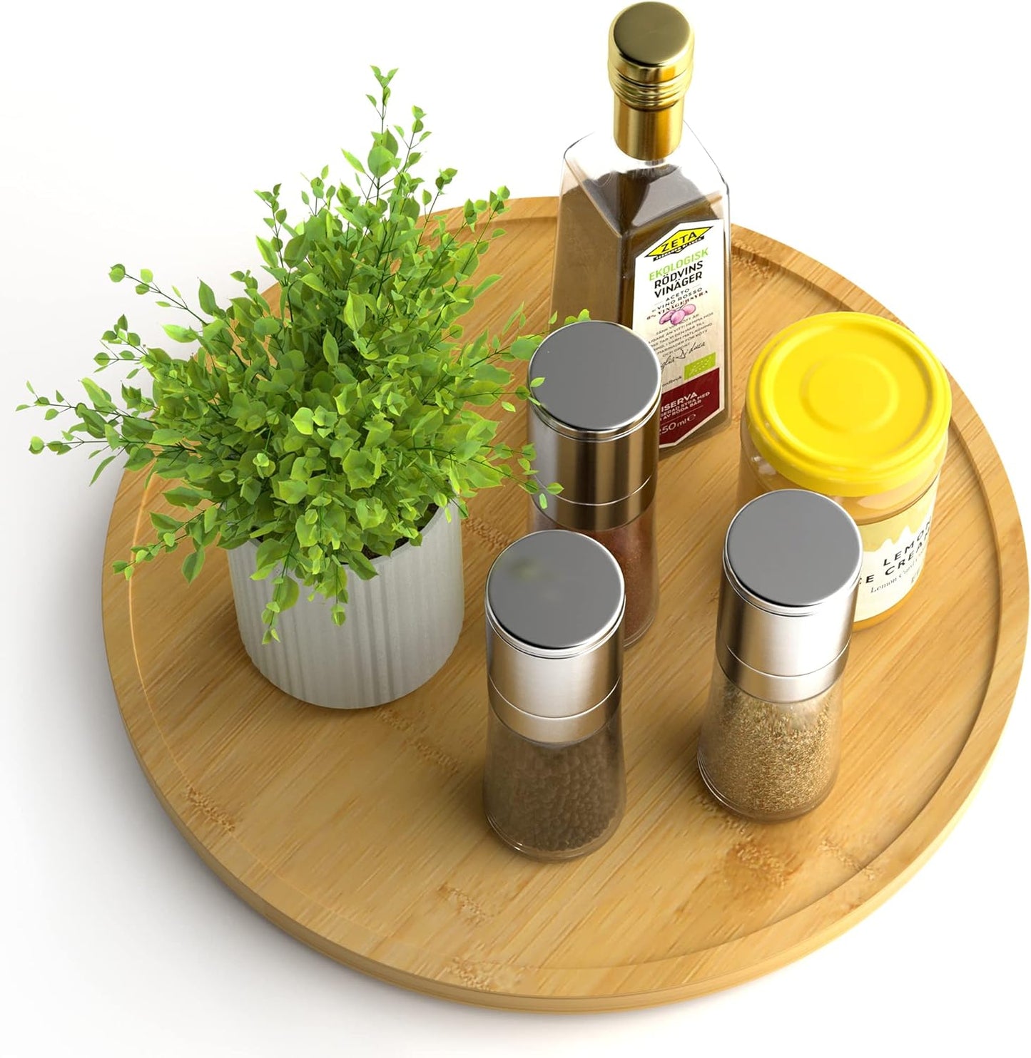 10" Bamboo Lazy Susan Organizer – Non-Skid Rotating Turntable for Kitchen, Countertop & Pantry (White Base)