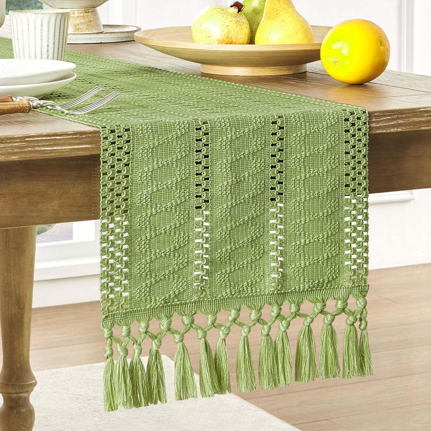 Macrame Style Boho Table Runner – Burnt Ochre (12x48”), Farmhouse Woven Fall Decor with Fringed Edges