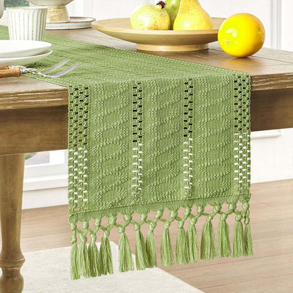 Macrame Style Boho Table Runner – Burnt Ochre (12x48”), Farmhouse Woven Fall Decor with Fringed Edges