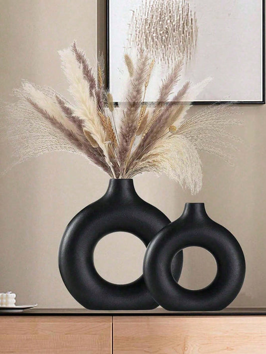 Black Circular Plastic Flower Vase – Modern Minimalist Vase for Dried & Faux Floral Arrangements