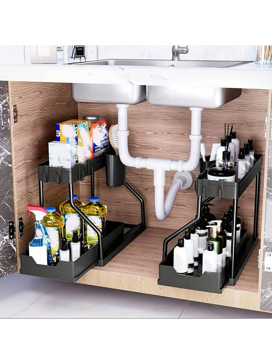 2-Pack Under Sink Organizers – 2-Tier Pull-Out Storage Drawers for Kitchen & Bathroom, Space-Saving and Durable (Black)