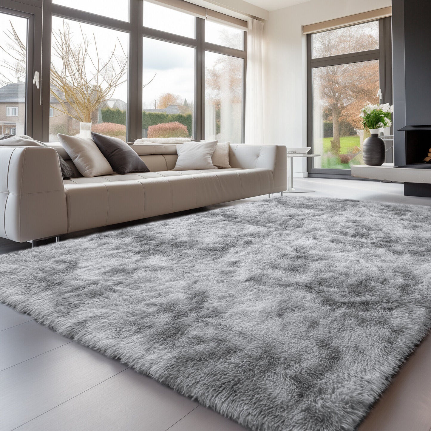 Large Grey Shaggy Area Rug – Ultra-Soft Fluffy Carpet with Non-Slip Bottom for Living Room & Bedroom