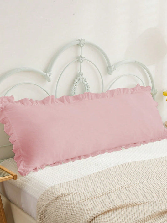 Coral Pink Ruffle Trim Pillowcase – Soft & Skin-Friendly Solid Color Bed Cover (No Filler)
