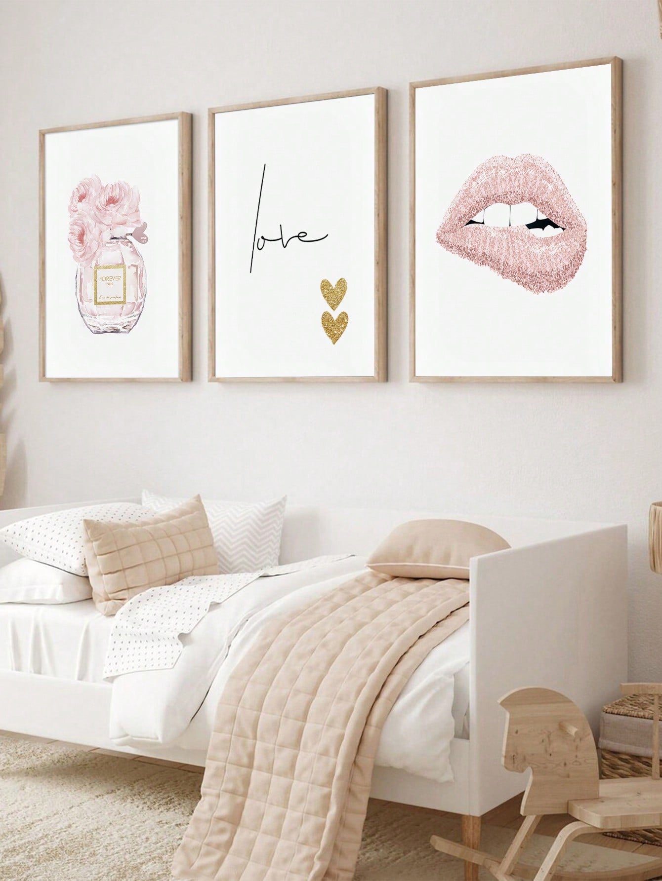 3Pcs Pink Lips & Floral Perfume Canvas Art Set – Fashion Wall Prints for Girls' Rooms, Salons, & Modern Spaces