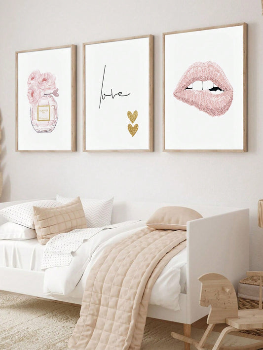 3Pcs Pink Lips & Floral Perfume Canvas Art Set – Fashion Wall Prints for Girls' Rooms, Salons, & Modern Spaces