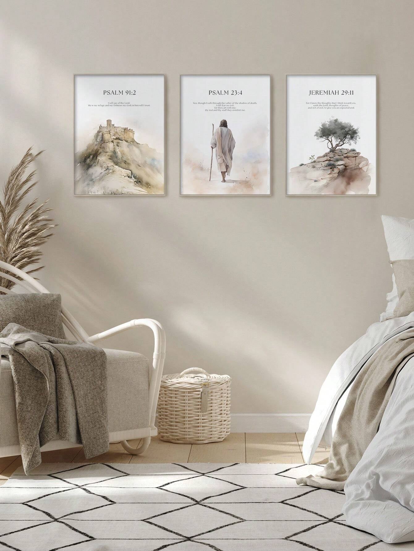 3-Piece Jesus & Nature Canvas Wall Art Set – Boho Christian Scripture Posters (No Frame, Beige)