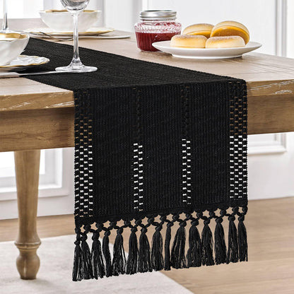 Macrame Style Boho Table Runner – Burnt Ochre (12x48”), Farmhouse Woven Fall Decor with Fringed Edges