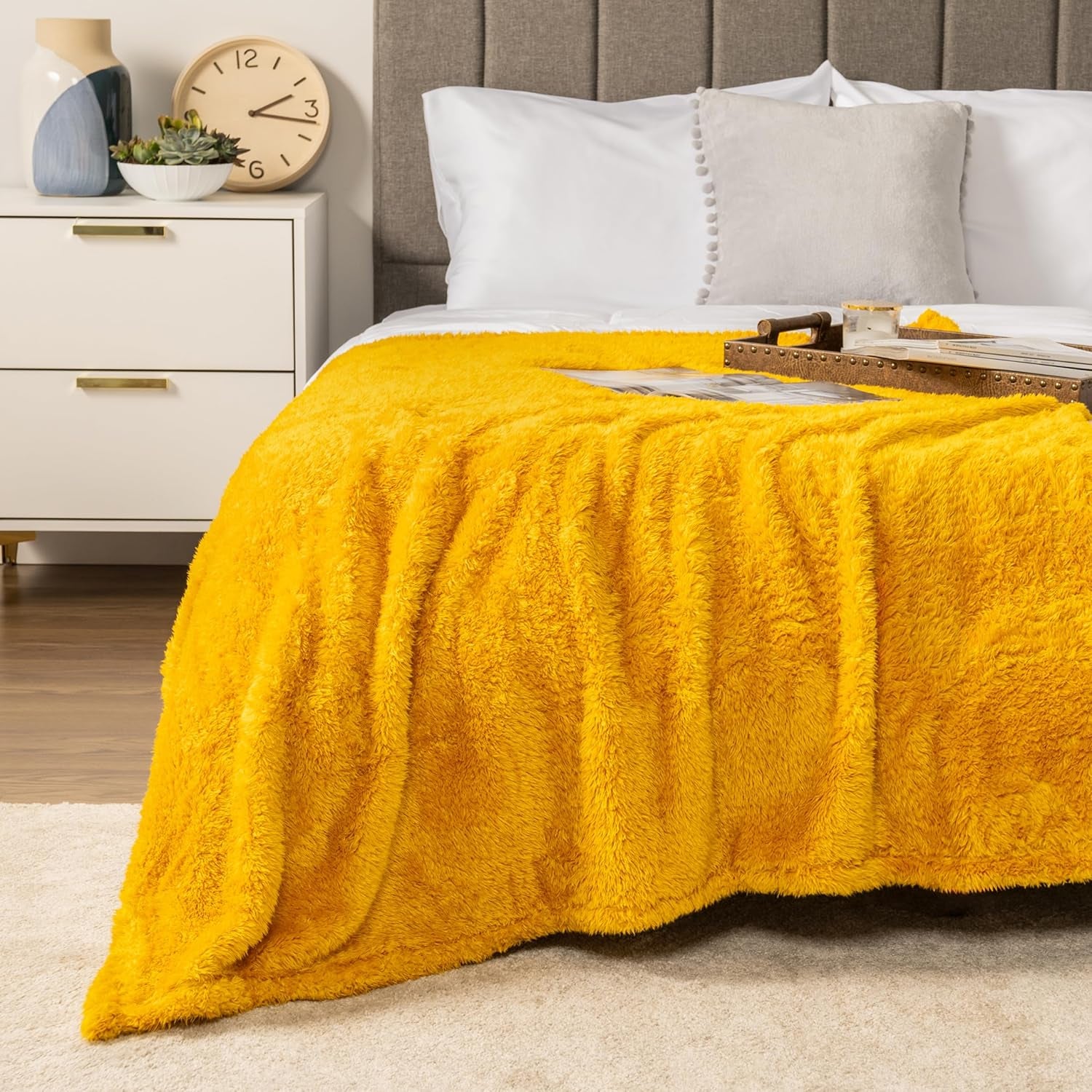 Yellow Gold Sherpa Fleece Throw Blanket – 50x60” Cozy, Lightweight & Plush Decorative Blanket for Sofa, Bed & Travel