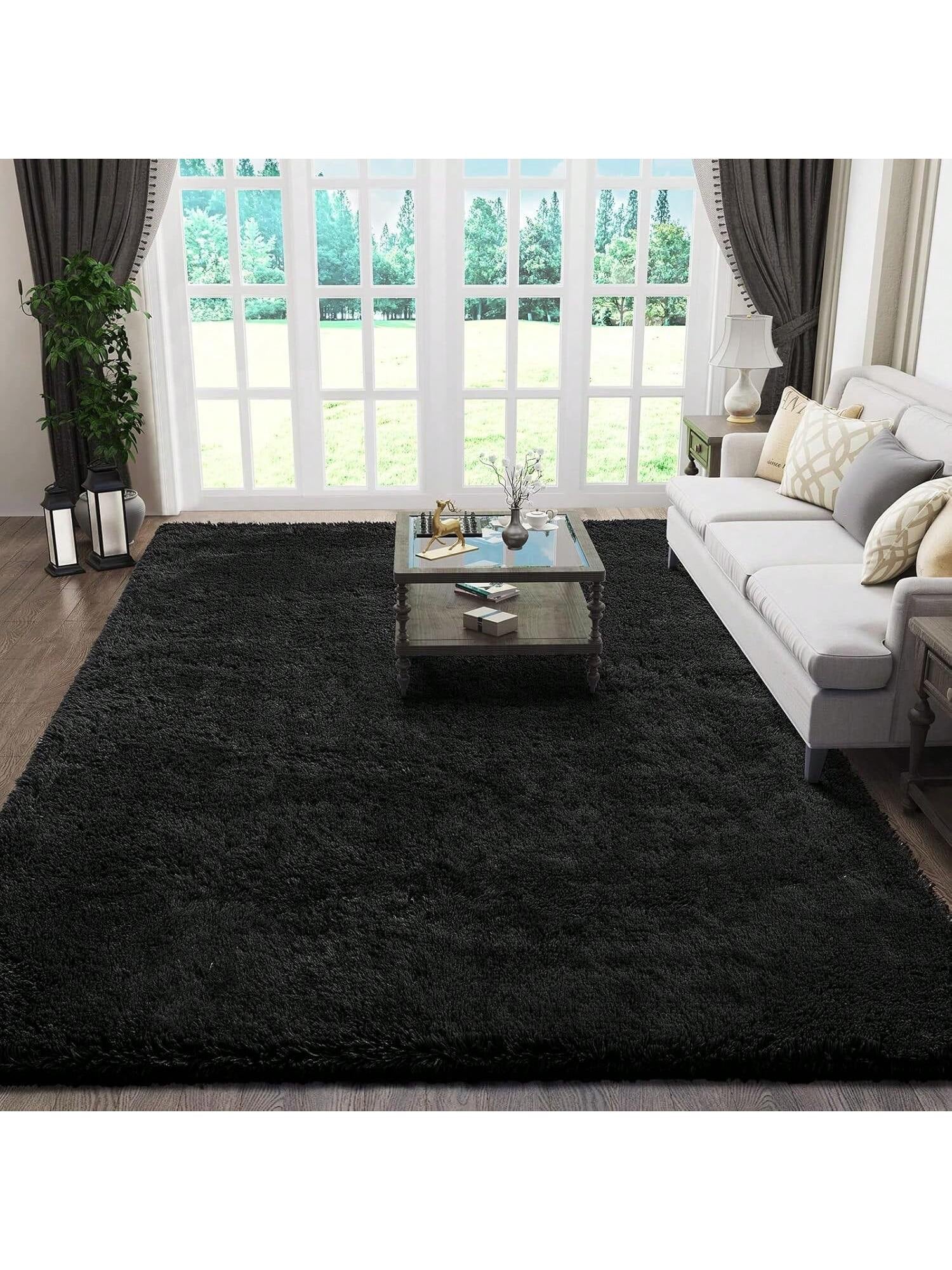Black Fluffy Shag Rug – Soft Plush High-Pile Area Carpet for Bedroom, Living Room & Dorm Decor