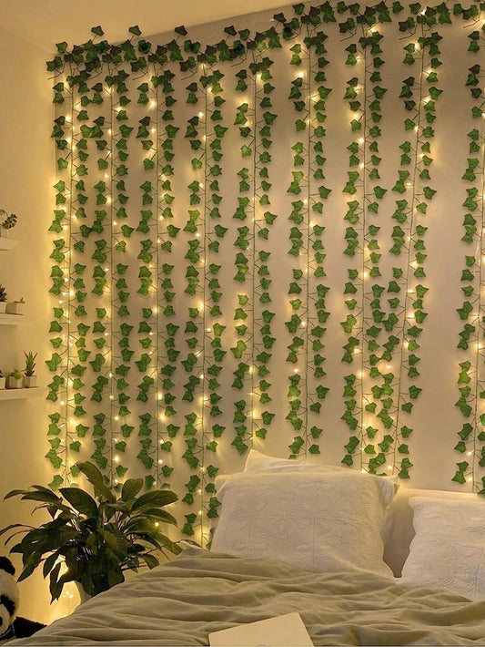 12Pcs Artificial Vine with LED String Lights – Green Leaf Fairy Vines for Bedroom, Garden, Party & Holiday Décor