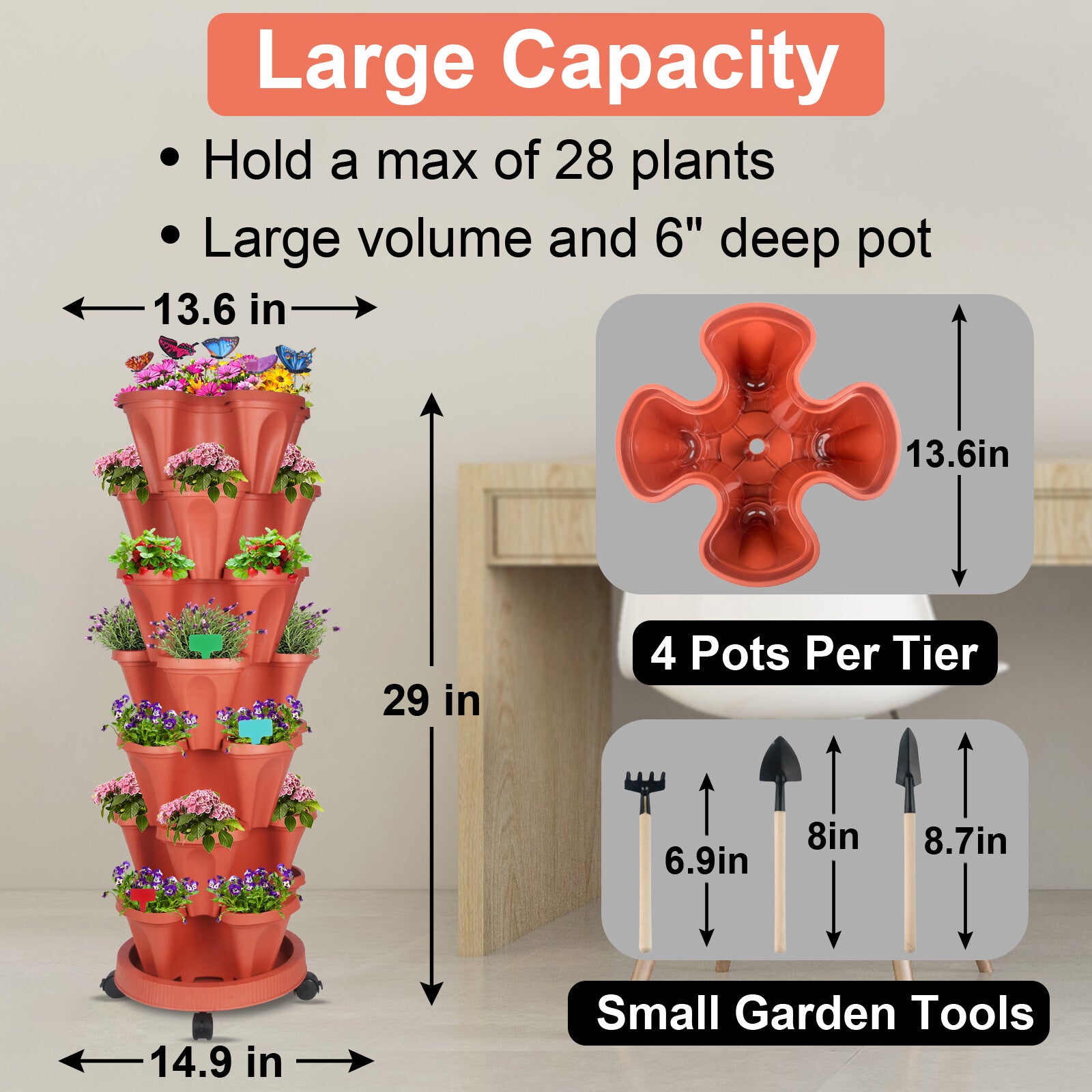 🌱 Product Title: 7-Tier Stackable Vertical Planter with Wheels & Garden Tool Set – Space-Saving Plant Tower for Indoors & Outdoors