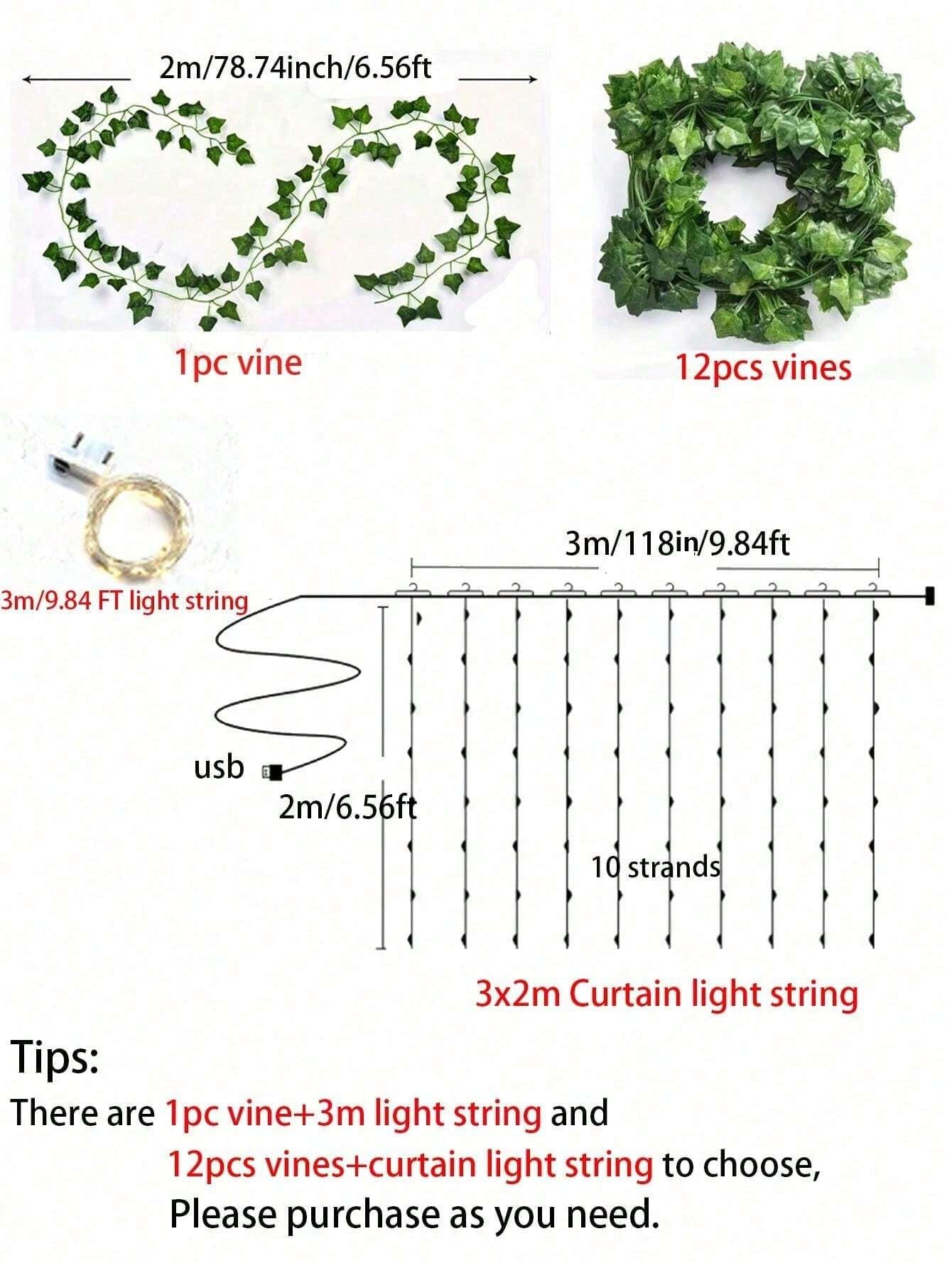 12Pcs Artificial Vine with LED String Lights – Green Leaf Fairy Vines for Bedroom, Garden, Party & Holiday Décor