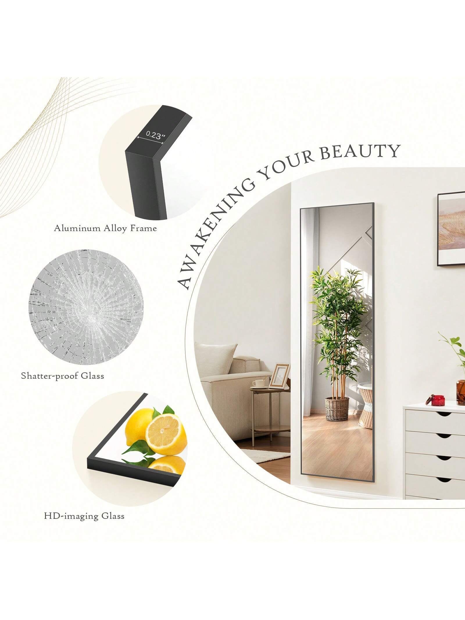 Full Length Standing Mirror – 64"x21" Floor Mirror with Aluminum Frame for Bedroom & Living Spaces