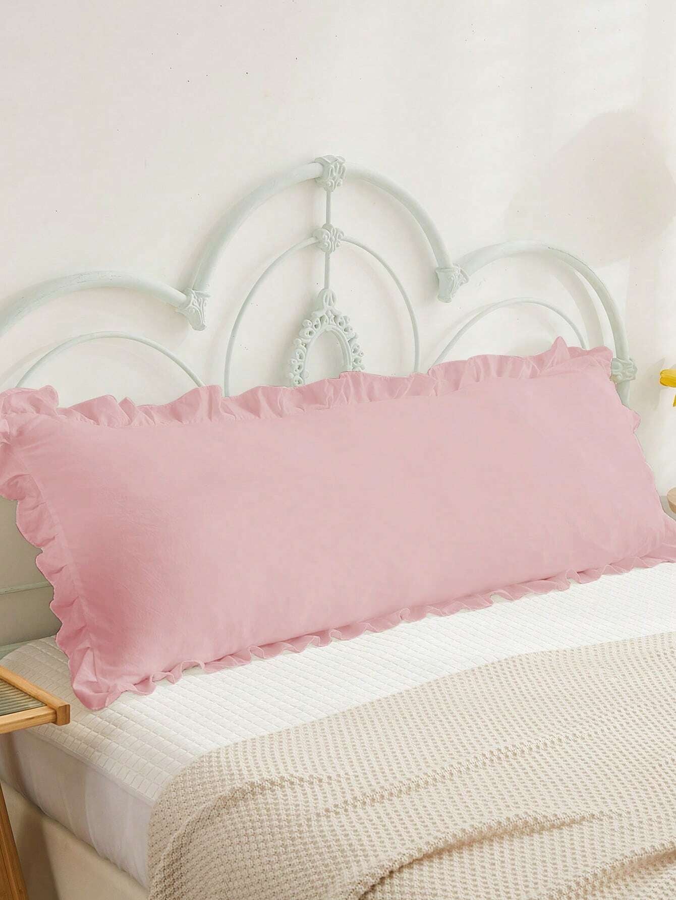 Coral Pink Ruffle Trim Pillowcase – Soft & Skin-Friendly Solid Color Bed Cover (No Filler)