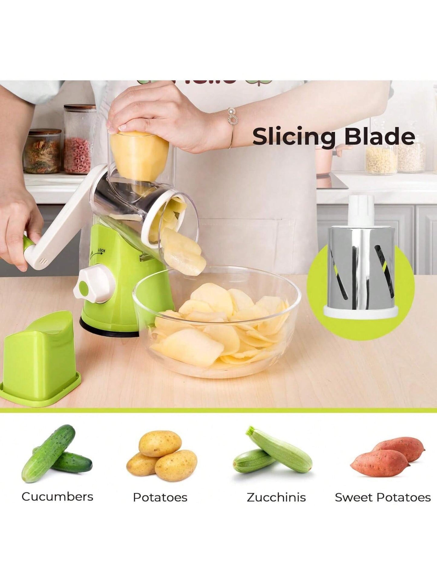 Rotary Cheese Grater & Vegetable Slicer – Manual Mandoline with 3 Interchangeable Blades & Suction Base (Green)