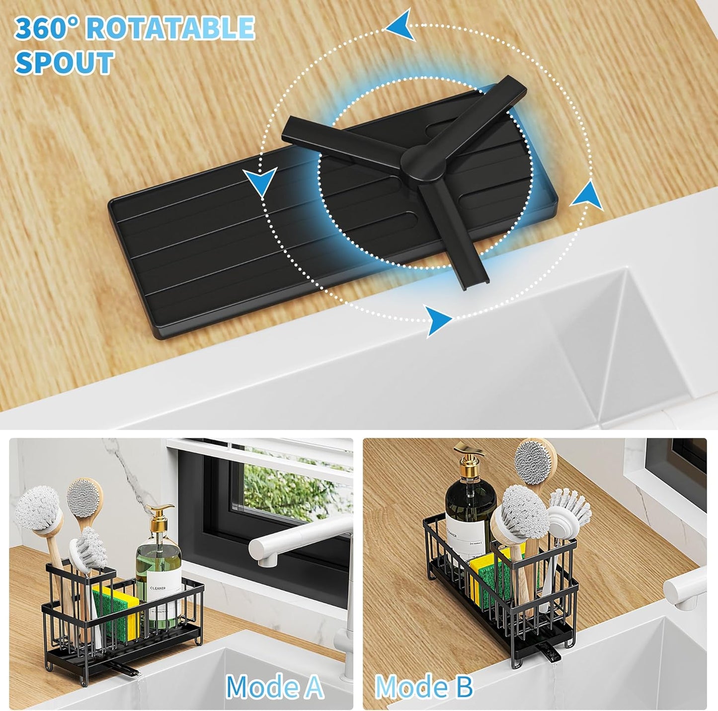 Black Stainless Steel Kitchen Sink Caddy – Rotatable Spout Sponge Holder with Brush Organizer & Soap Storage