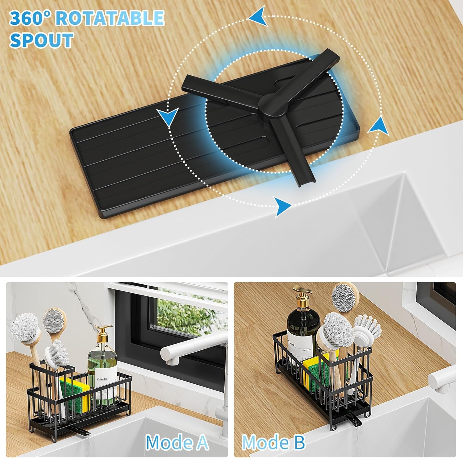 Black Stainless Steel Kitchen Sink Caddy – Rotatable Spout Sponge Holder with Brush Organizer & Soap Storage