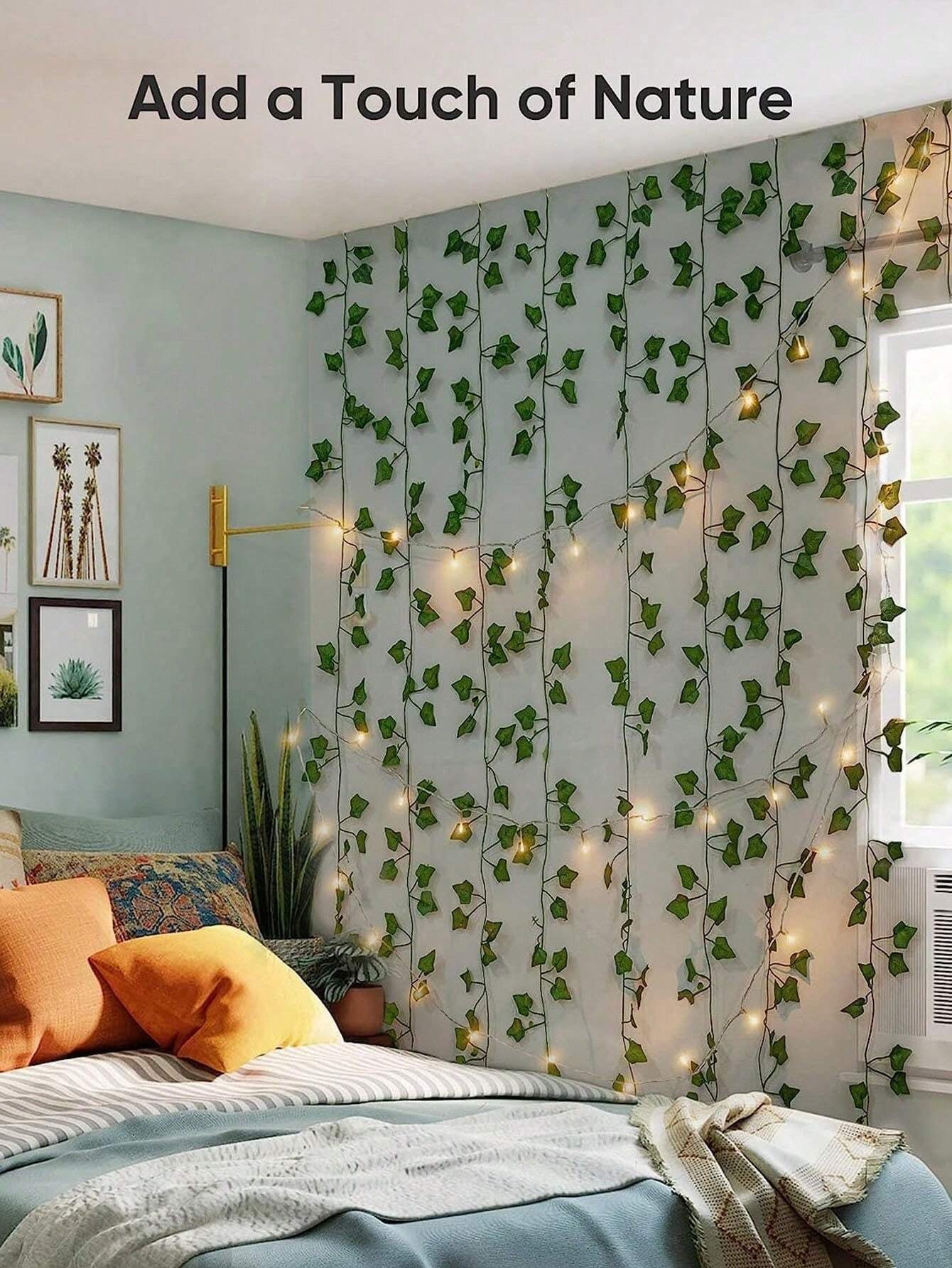 12Pcs Artificial Vine with LED String Lights – Green Leaf Fairy Vines for Bedroom, Garden, Party & Holiday Décor
