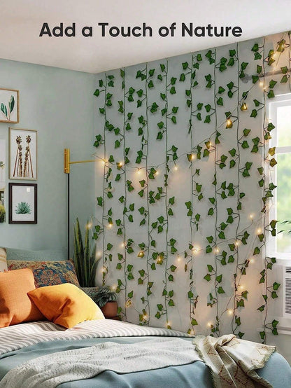 12Pcs Artificial Vine with LED String Lights – Green Leaf Fairy Vines for Bedroom, Garden, Party & Holiday Décor