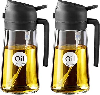 2-in-1 Olive Oil Dispenser & Sprayer – 16oz Glass Bottle for Cooking, Salad, BBQ (Black)