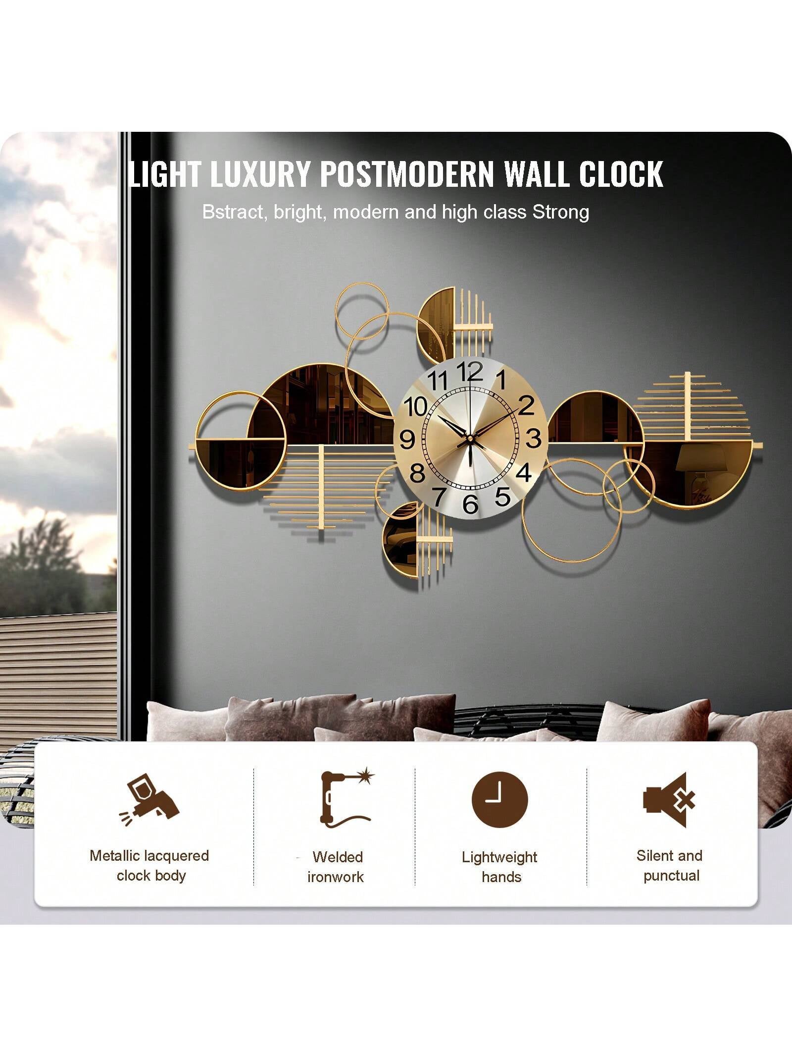 3D Metal Wall Art Clock – Silent Non-Ticking Decorative Wall Clock for Living Room & Bedroom, 34" x 17" (Coffee Brown)